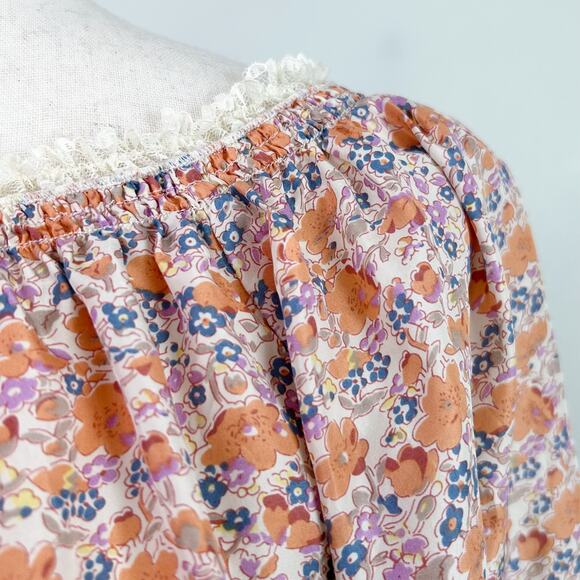 Moda International 100% Silk Floral lace Trim Peasant Top - Picture 3 of 7